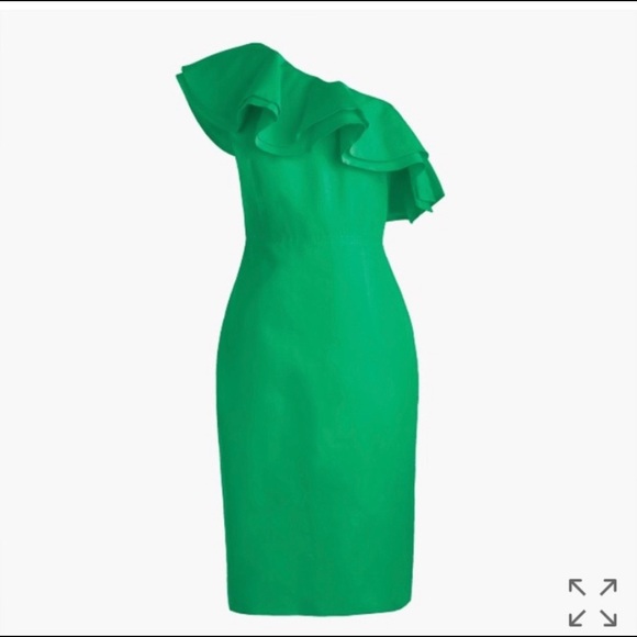 SOLD*NWT J. Crew Green One Shoulder Ruffle Dress - Picture 3 of 8
